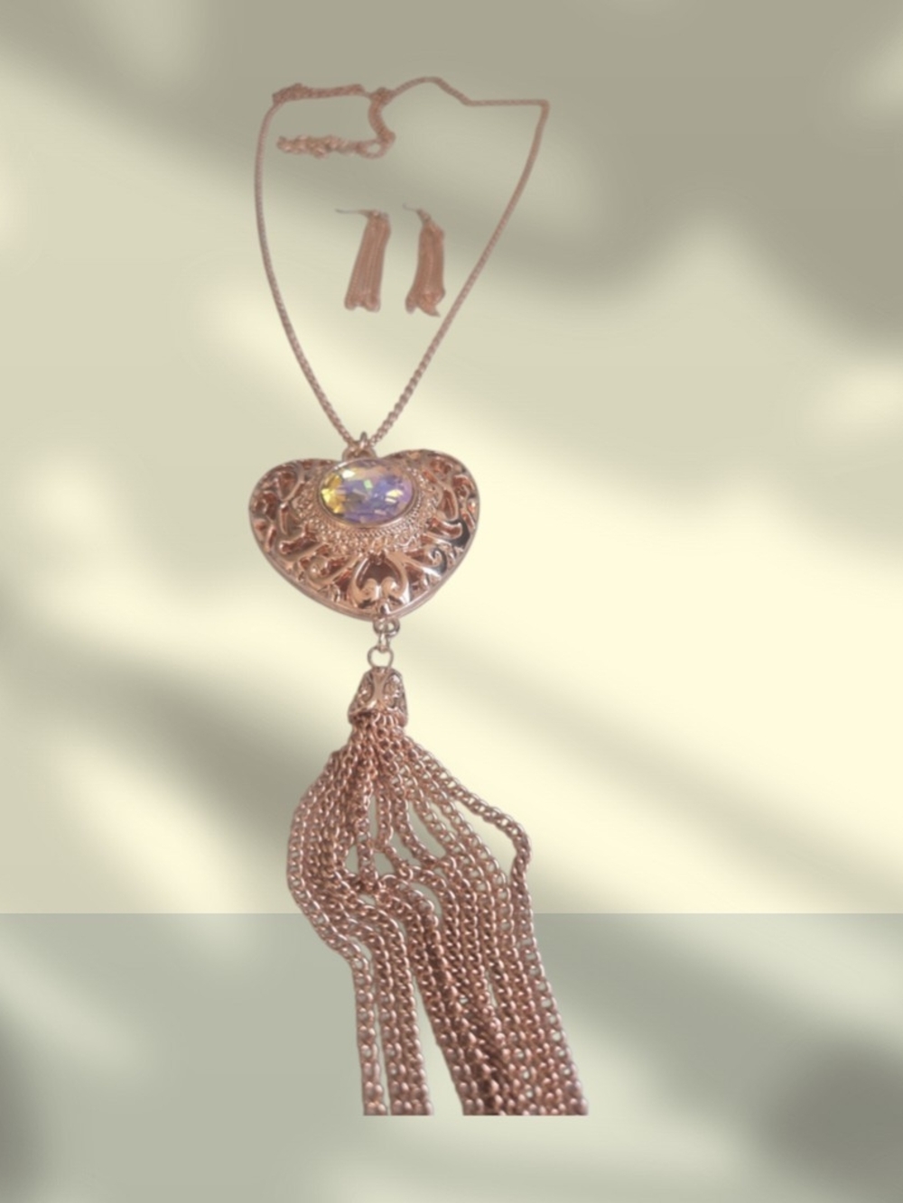 Rose Gold Heart Tassel Pendant Necklace with Iridescent Stone I